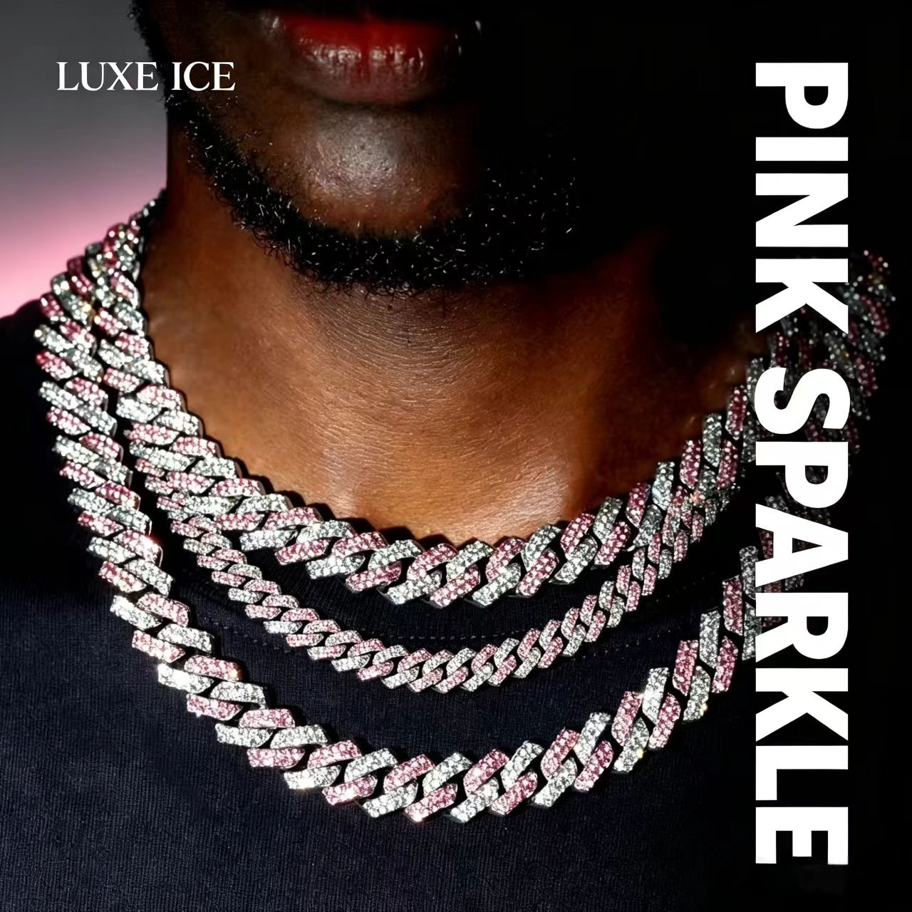 Iced Out Pink Silver Cuban Link Chain, Hip Hop Necklace, Fashion Street Jewelry for Men Women Party Gift