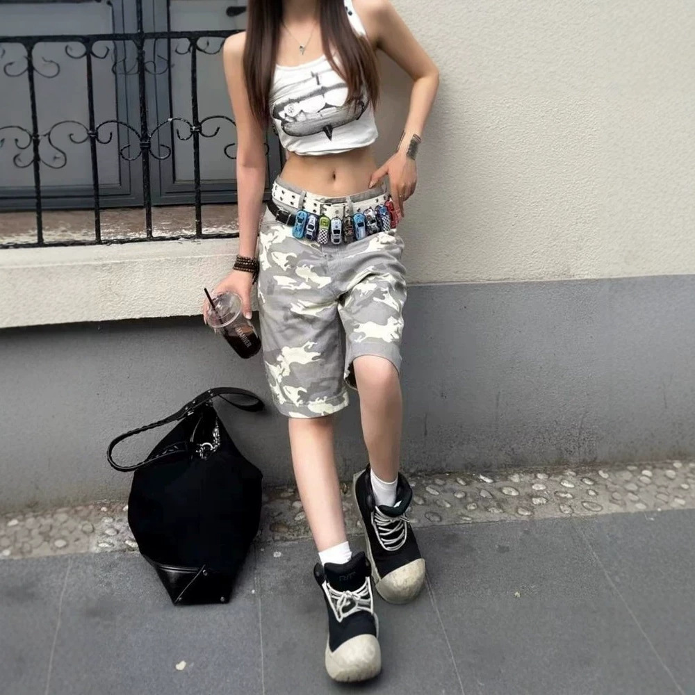American retro camo mid-rise loose straight wide-leg jeans for women, hot girl shorts