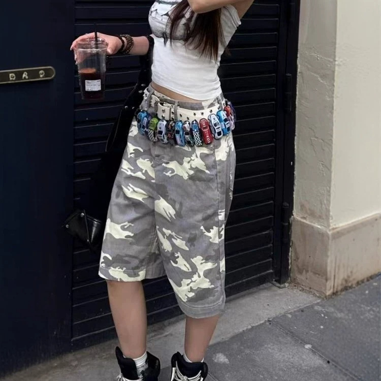 American retro camo mid-rise loose straight wide-leg jeans for women, hot girl shorts