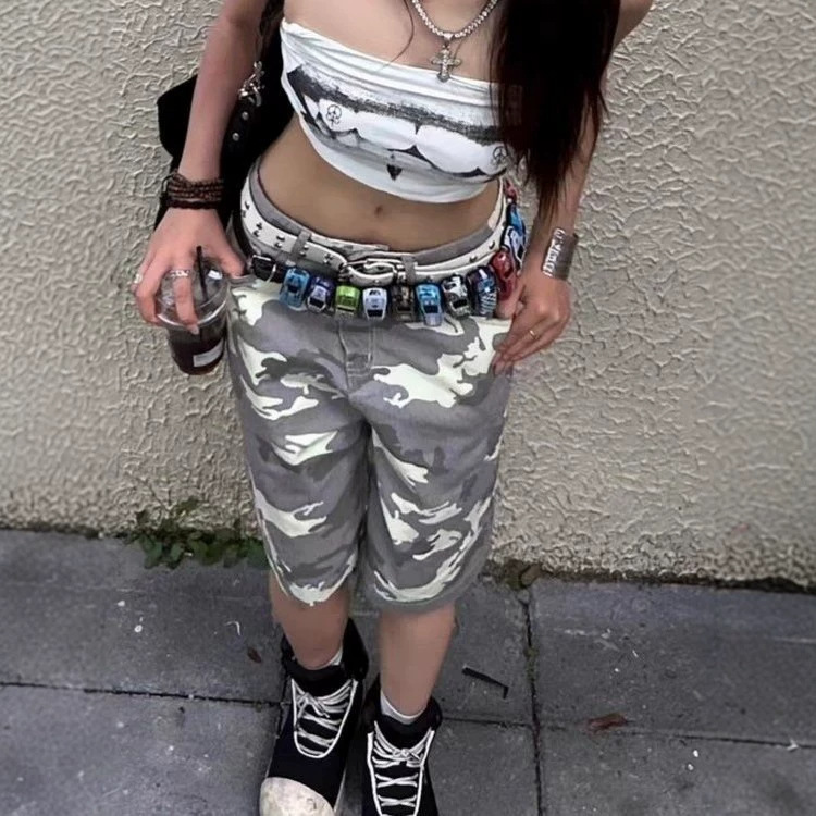 American retro camo mid-rise loose straight wide-leg jeans for women, hot girl shorts