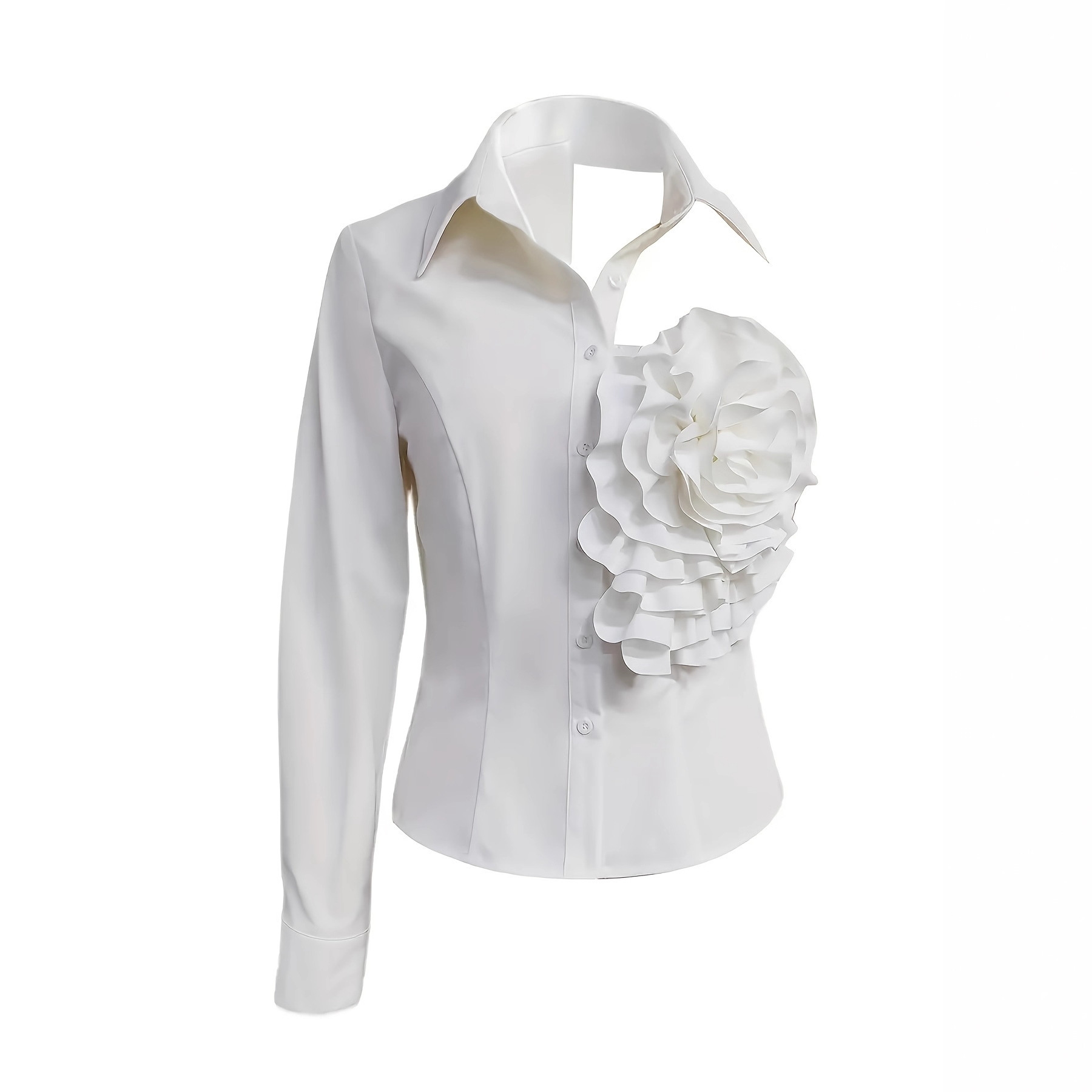 Women's white off-shoulder design shirt with 3D floral decoration, stylish, elegant and versatile