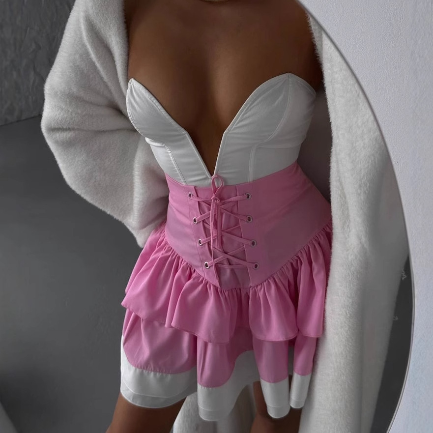 Bow tie slimming sleeveless top with high-waist short skirt and lace-up tiered skirt for women