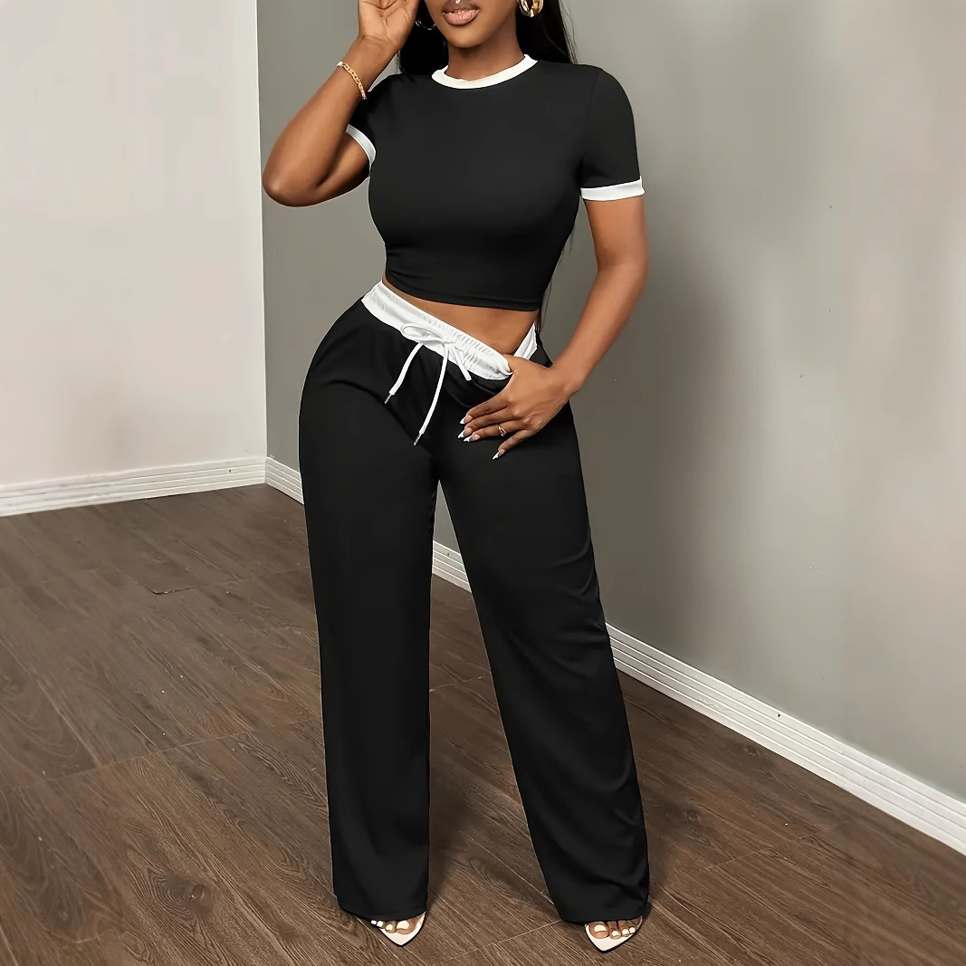 Women's fashion set, short-sleeve top and long pants two-piece, black and white colour-block fitted top with loose trousers