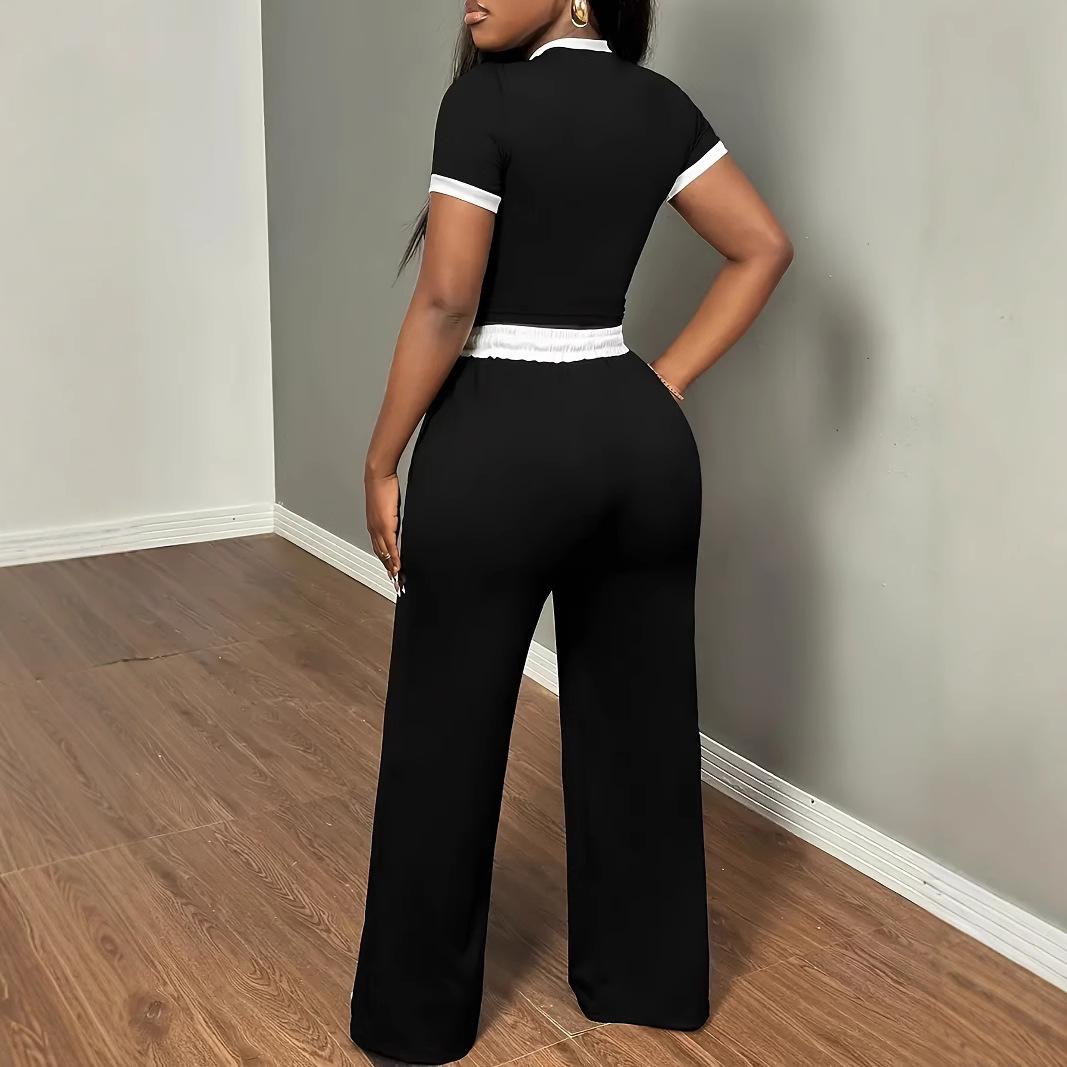 Women's fashion set, short-sleeve top and long pants two-piece, black and white colour-block fitted top with loose trousers