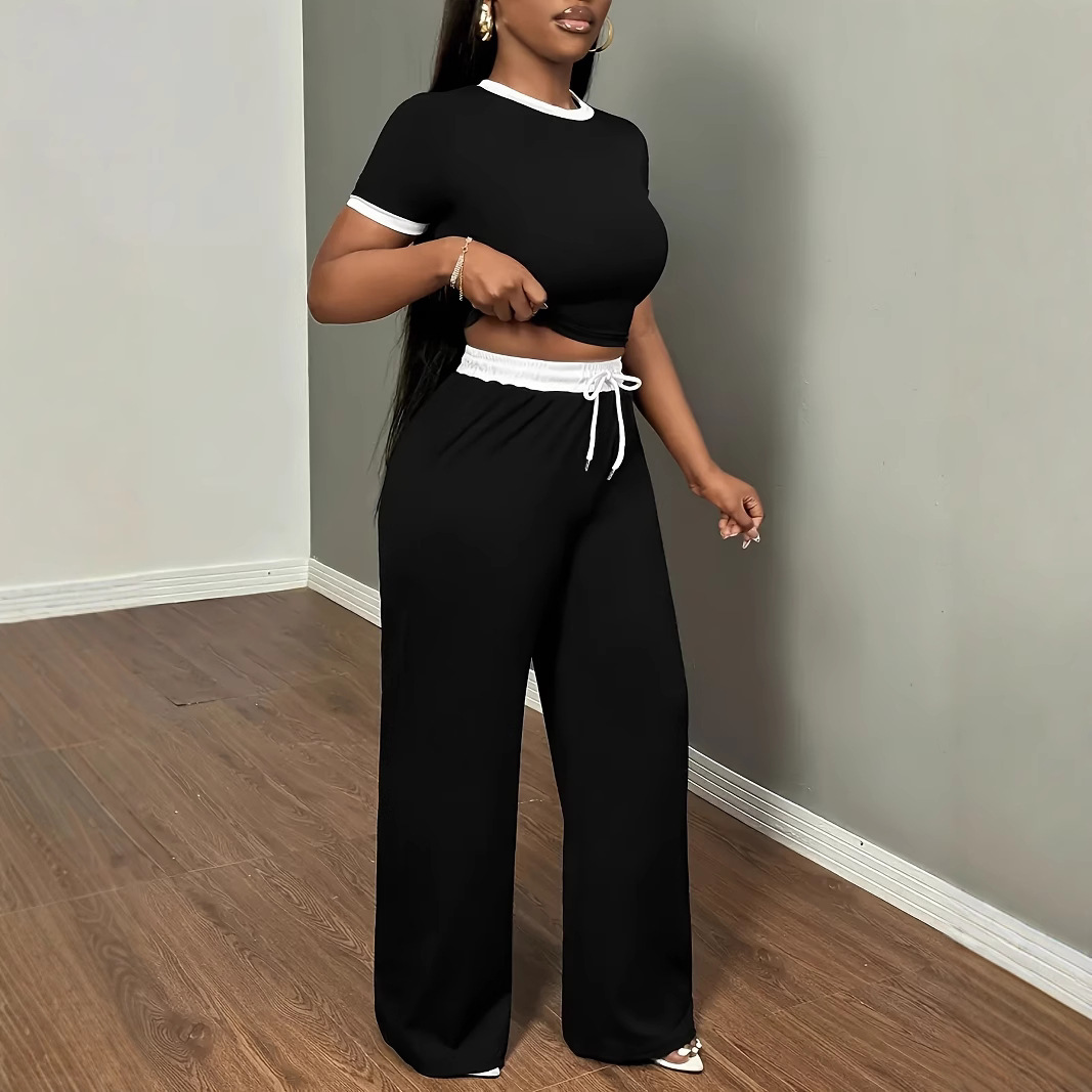Women's fashion set, short-sleeve top and long pants two-piece, black and white colour-block fitted top with loose trousers