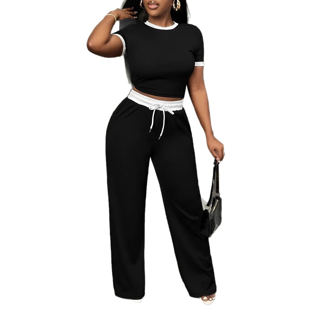 Women's fashion set, short-sleeve top and long pants two-piece, black and white colour-block fitted top with loose trousers