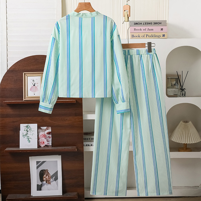 Autumn New style Fashionable Temperament Girls' striped lace up long sleeved shirt trousers two-piece set