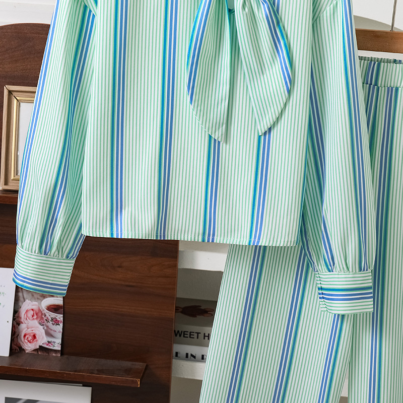 Autumn New style Fashionable Temperament Girls' striped lace up long sleeved shirt trousers two-piece set