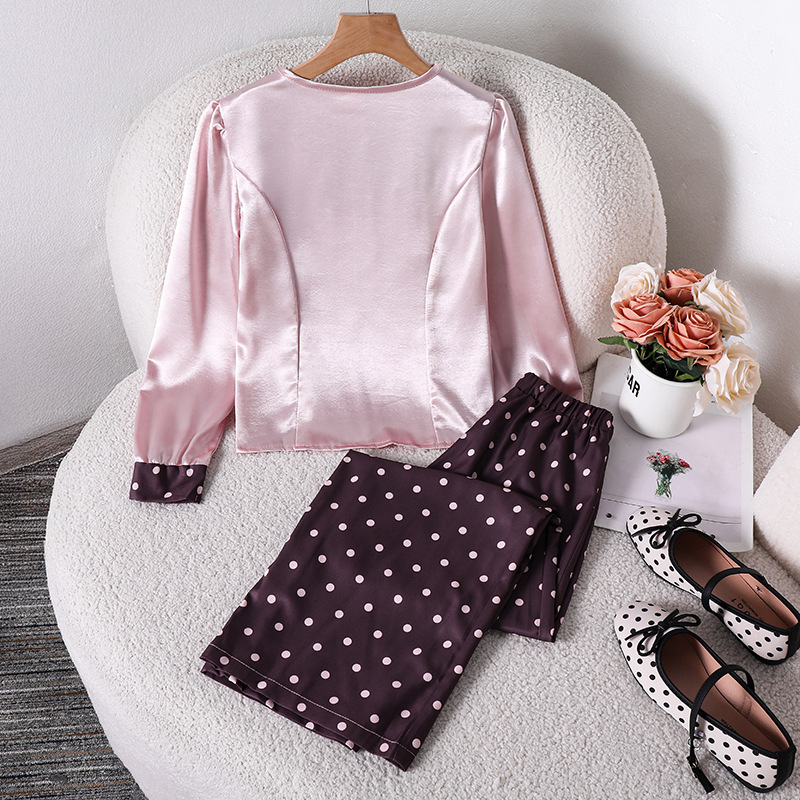 Autumn New Arrivals 8-12Y Girl's square neck satin polka dot long sleeved shirt trousers two-piece set