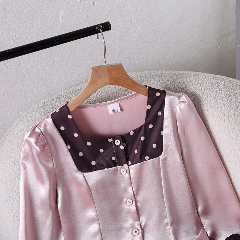 Autumn New Arrivals 8-12Y Girl's square neck satin polka dot long sleeved shirt trousers two-piece set