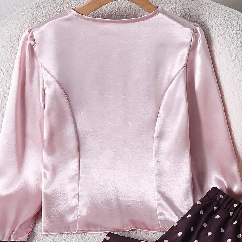 Autumn New Arrivals 8-12Y Girl's square neck satin polka dot long sleeved shirt trousers two-piece set