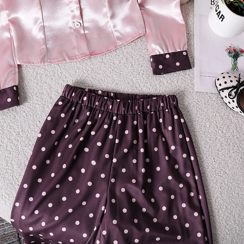 Autumn New Arrivals 8-12Y Girl's square neck satin polka dot long sleeved shirt trousers two-piece set