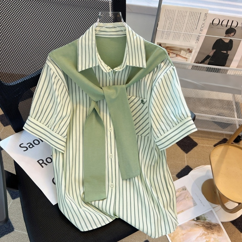 Women's green shirt with shawl, summer chiffon top with striped design, fake two-piece shirt