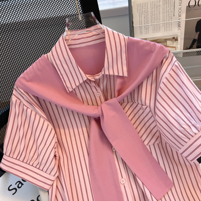 Women's green shirt with shawl, summer chiffon top with striped design, fake two-piece shirt