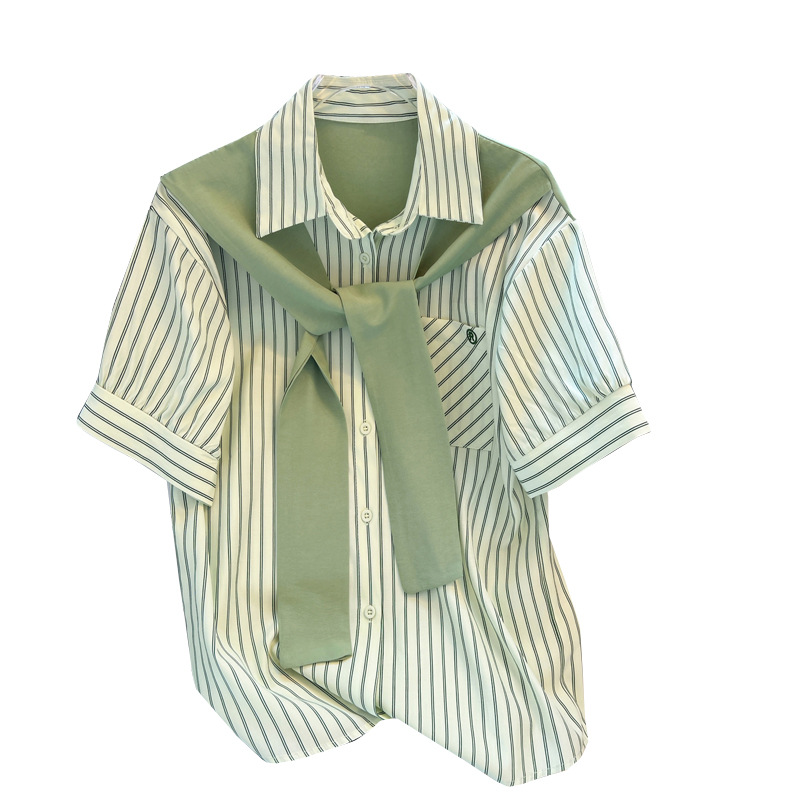 Women's green shirt with shawl, summer chiffon top with striped design, fake two-piece shirt