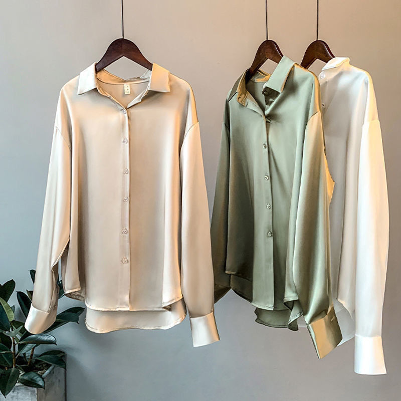 Women's long-sleeve satin shirt, unique designer style, versatile vintage feel, relaxed collar top