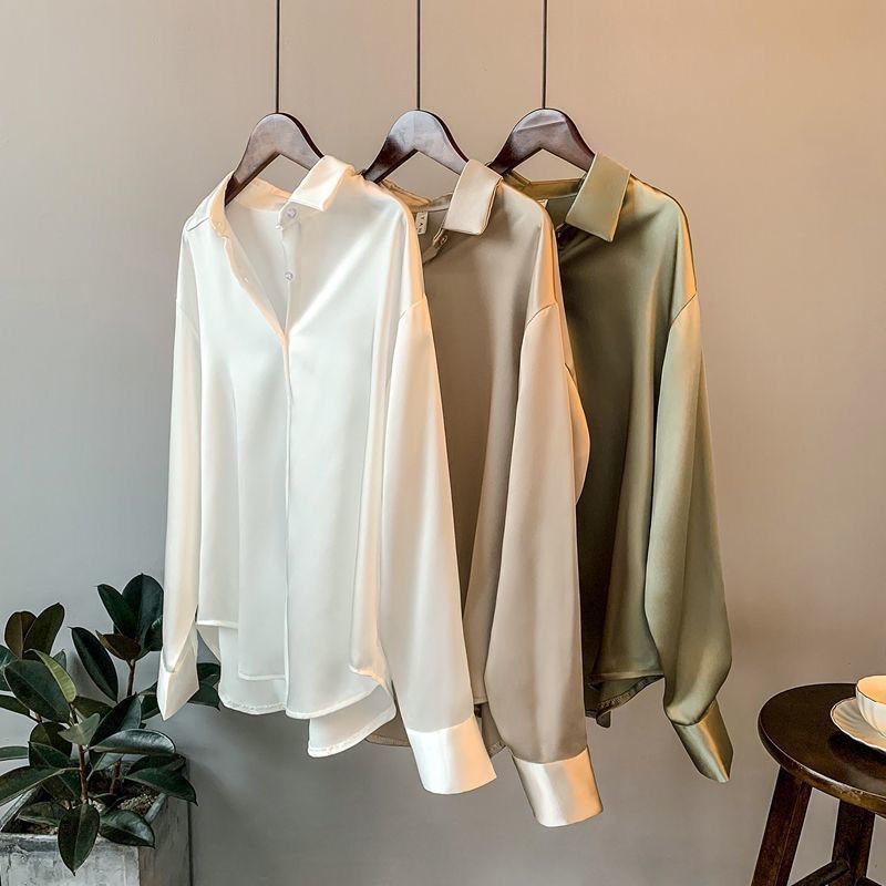 Women's long-sleeve satin shirt, unique designer style, versatile vintage feel, relaxed collar top