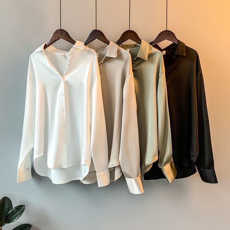 Women's long-sleeve satin shirt, unique designer style, versatile vintage feel, relaxed collar top