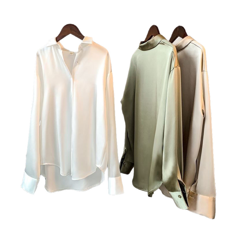 Women's long-sleeve satin shirt, unique designer style, versatile vintage feel, relaxed collar top