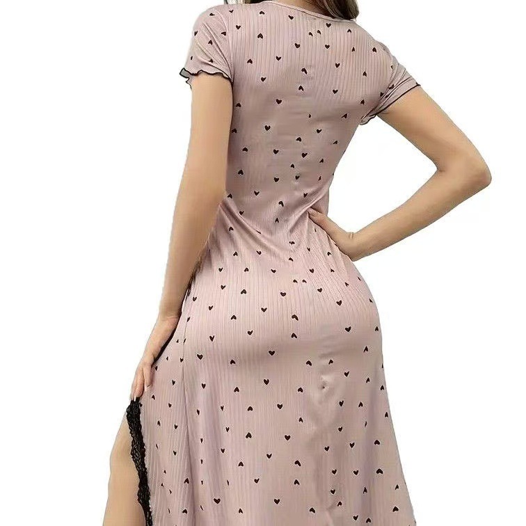2026 new homewear heart print short sleeve nightdress round neck casual printed women's long dress