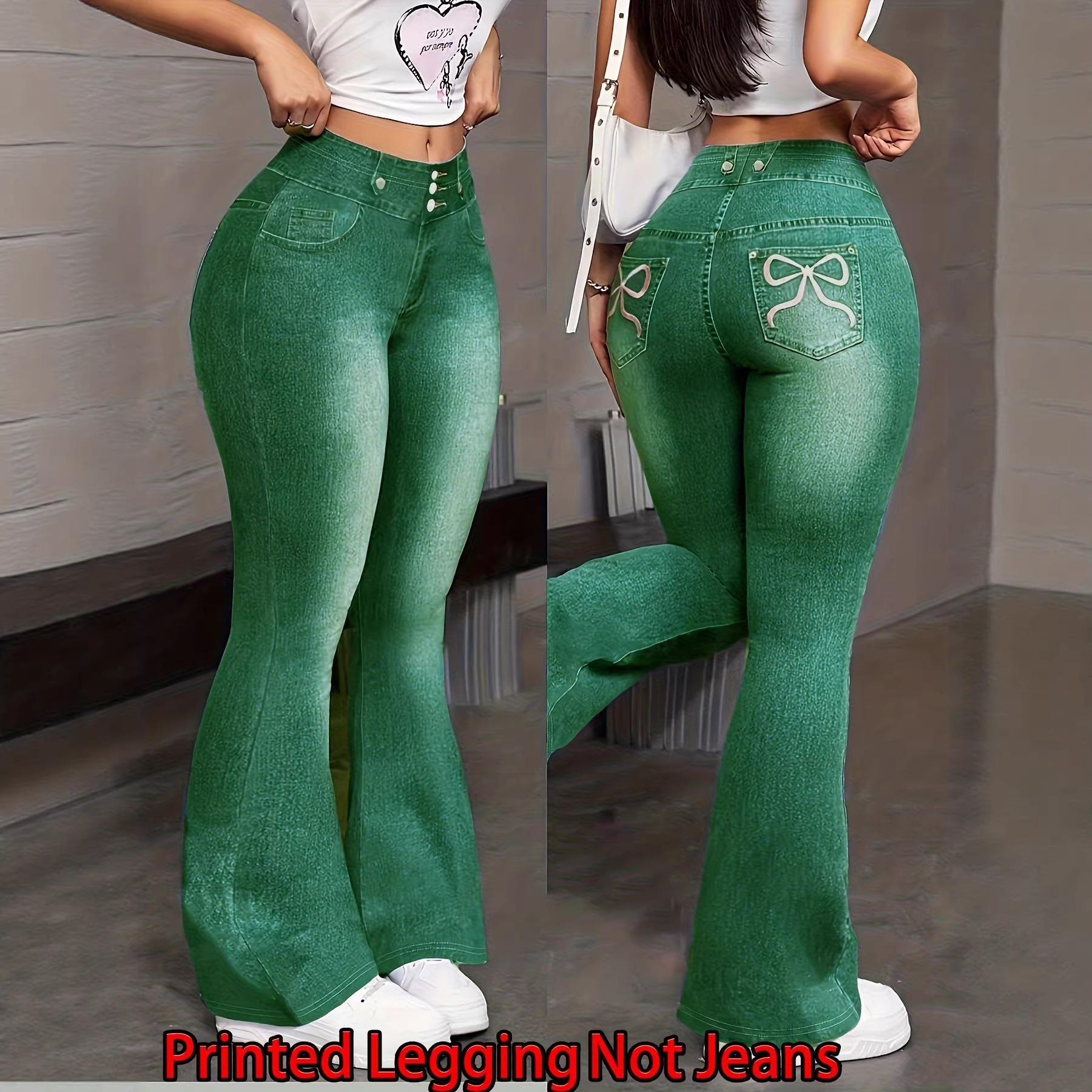 [Print Design - Not Ture] Women's fashionable imitation denim butterfly print bootcut trousers, versatile casual wide-leg pants