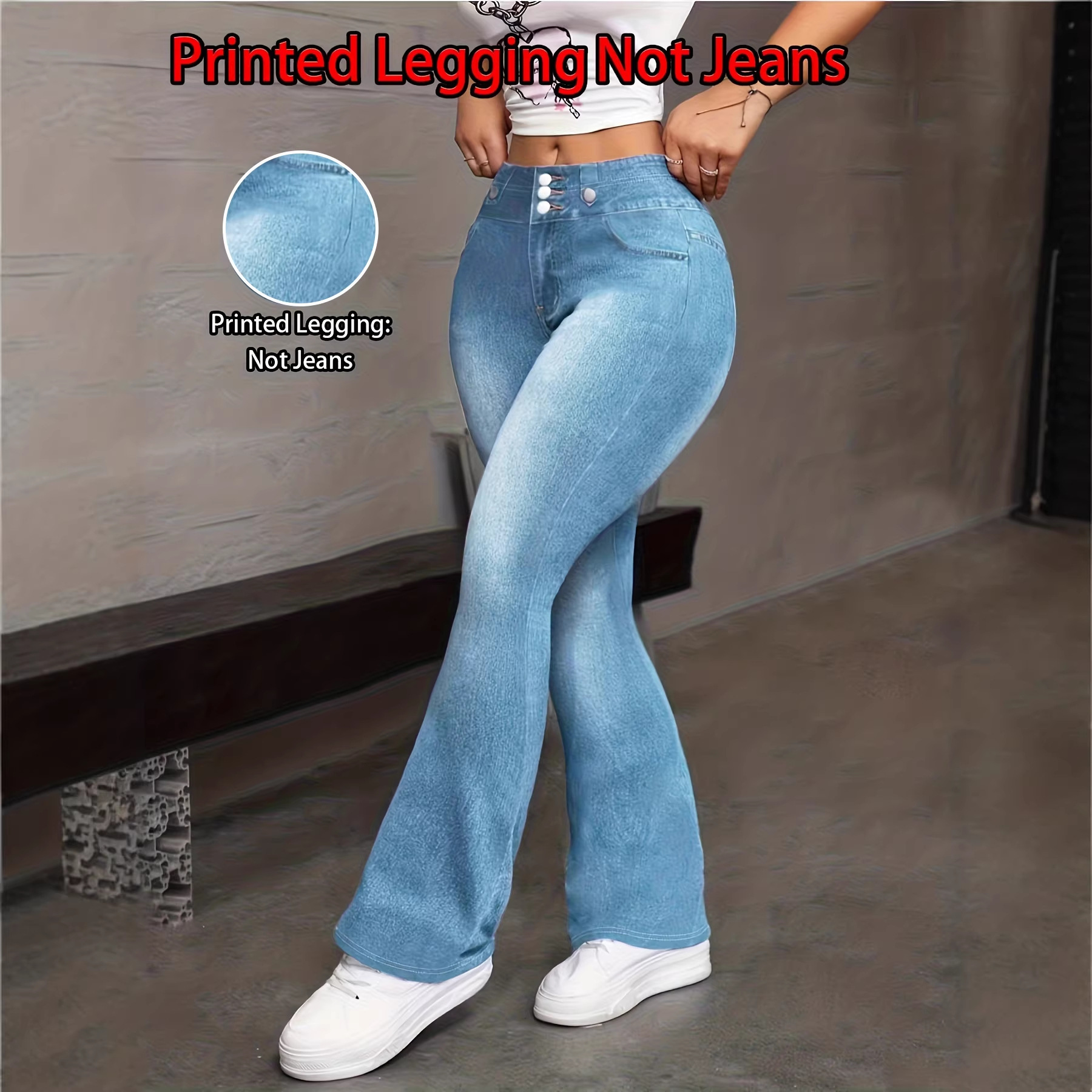 [Print Design - Not Ture] Women's fashionable imitation denim butterfly print bootcut trousers, versatile casual wide-leg pants