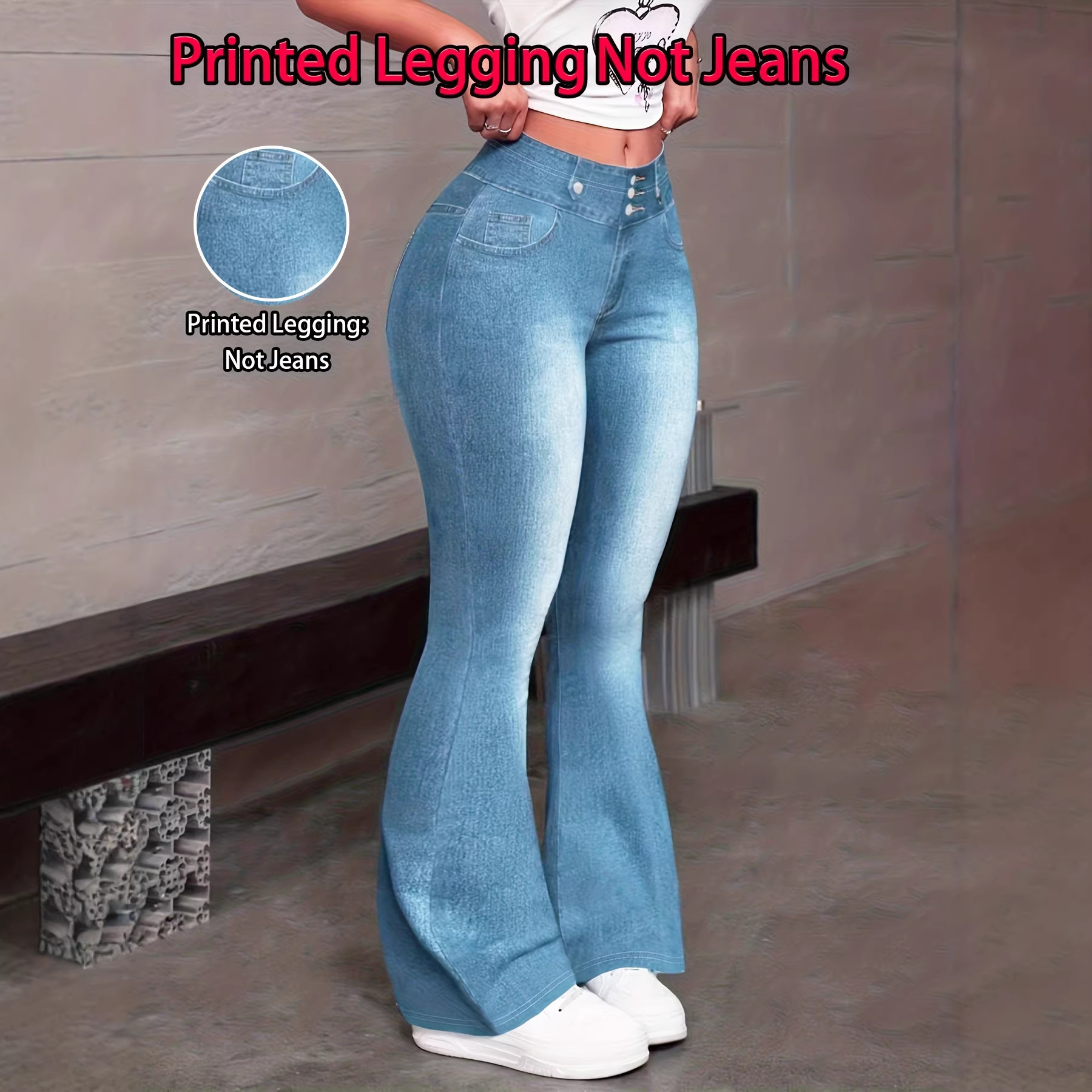 [Print Design - Not Ture] Women's fashionable imitation denim butterfly print bootcut trousers, versatile casual wide-leg pants