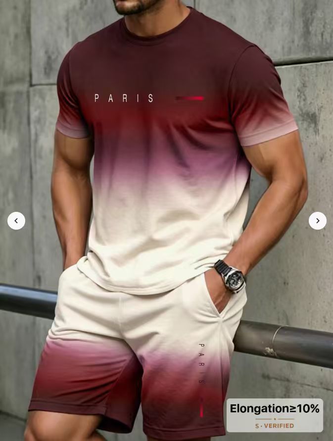 Men's casual set with letter and digital print short-sleeve T-shirt and drawstring breathable shorts two-piece set