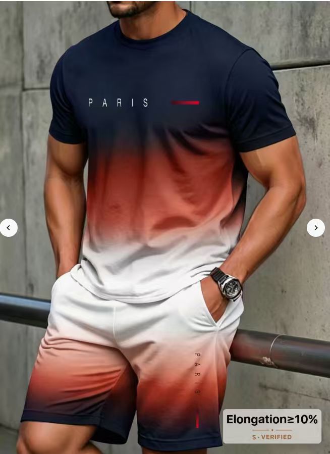 Men's casual set with letter and digital print short-sleeve T-shirt and drawstring breathable shorts two-piece set