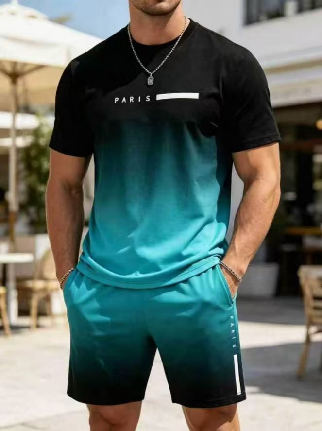 Men's casual set with letter and digital print short-sleeve T-shirt and drawstring breathable shorts two-piece set