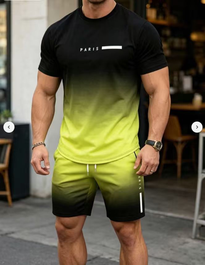 Men's casual set with letter and digital print short-sleeve T-shirt and drawstring breathable shorts two-piece set