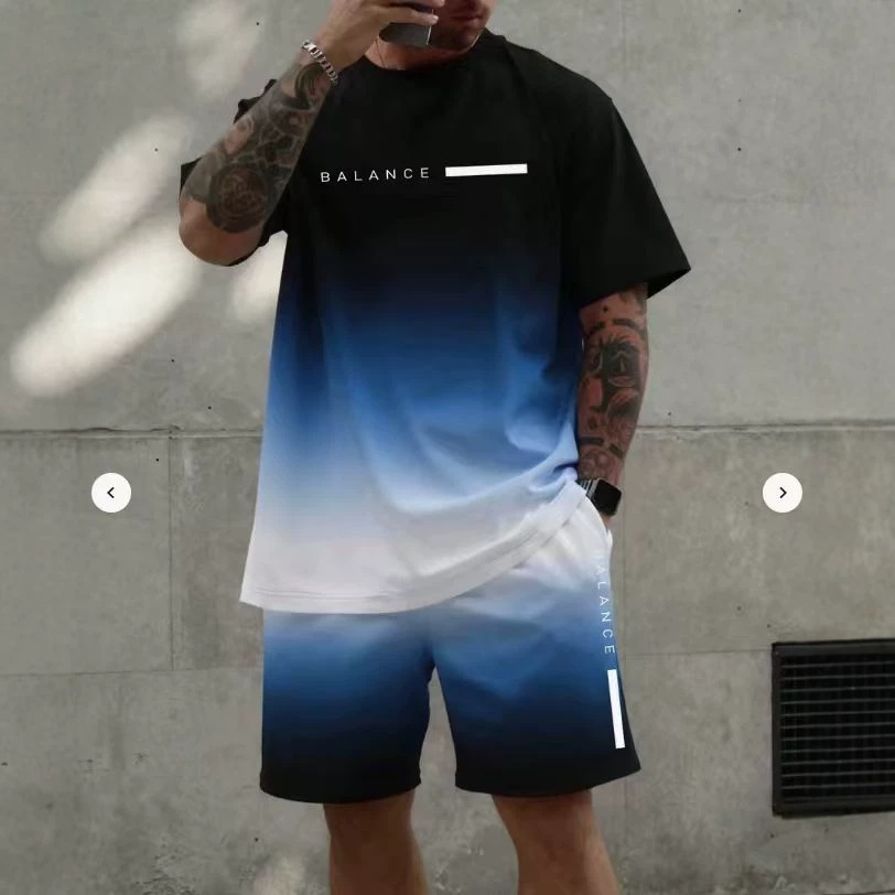 Men's casual set with letter and digital print short-sleeve T-shirt and drawstring breathable shorts two-piece set