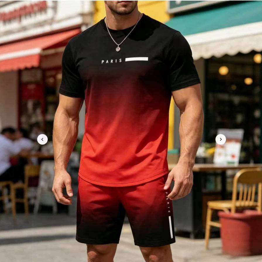 Men's casual set with letter and digital print short-sleeve T-shirt and drawstring breathable shorts two-piece set