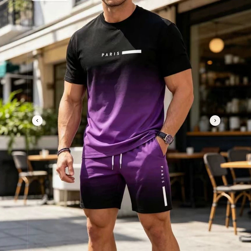 Men's casual set with letter and digital print short-sleeve T-shirt and drawstring breathable shorts two-piece set