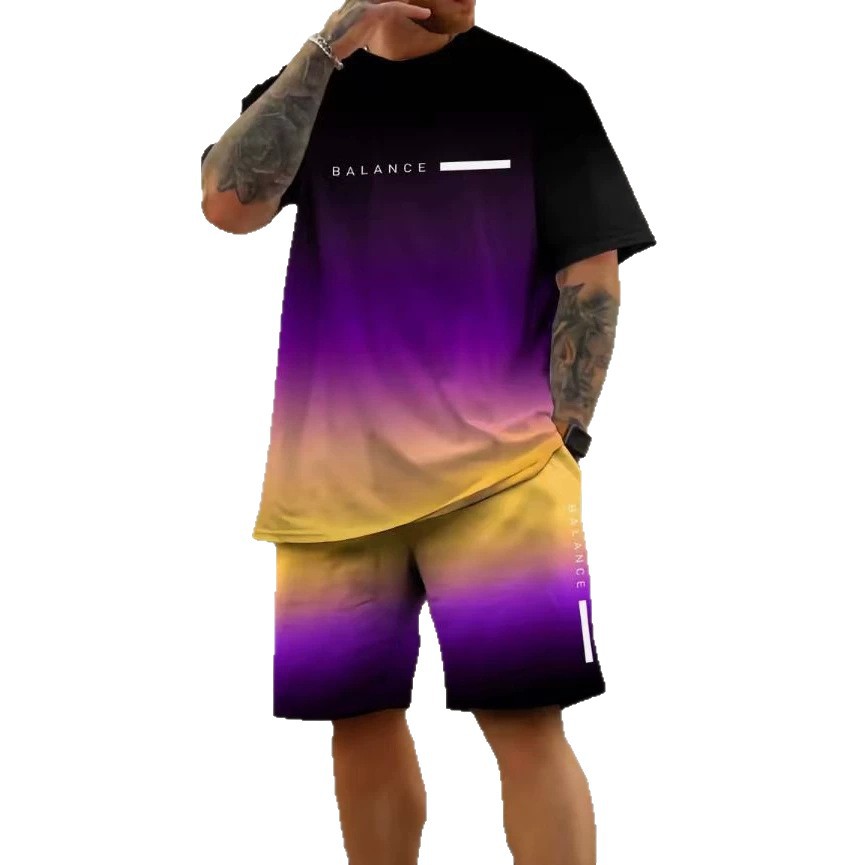 Men's casual set with letter and digital print short-sleeve T-shirt and drawstring breathable shorts two-piece set