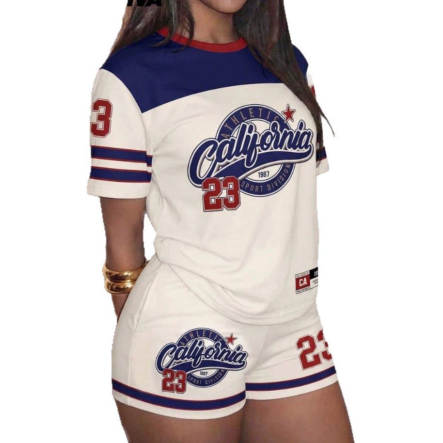 2026 Women's New Casual Set Striped Short Sleeve T-Shirt and High-Waist Drawstring Shorts Two-Piece