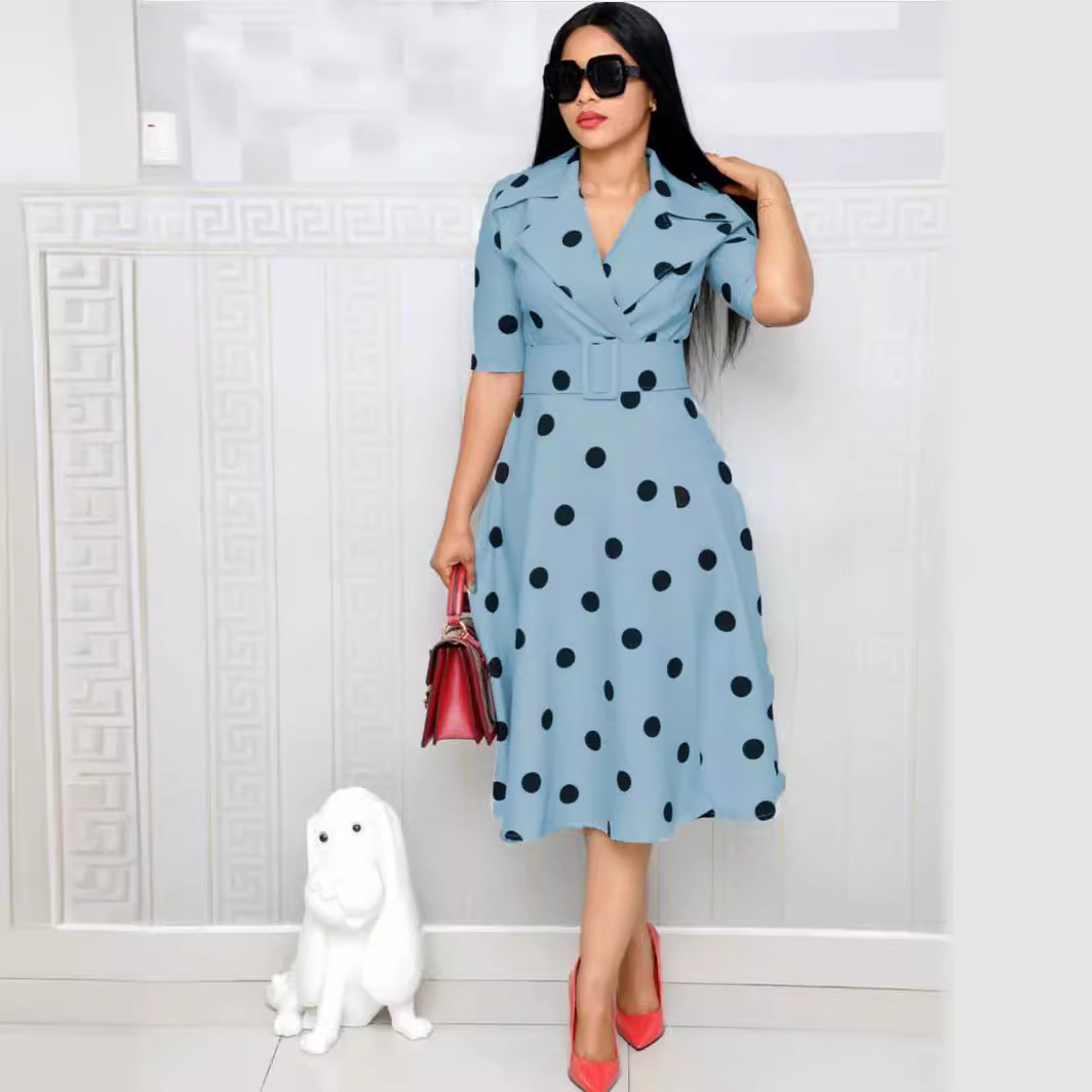 New popular women's dress suit collar polka dot mid-sleeve splicing large size large hem wide belt dress
