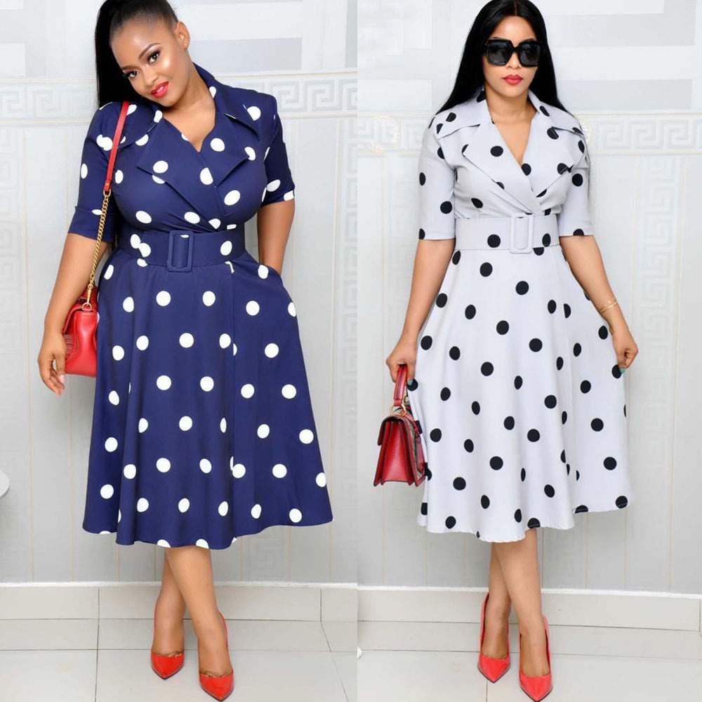 New popular women's dress suit collar polka dot mid-sleeve splicing large size large hem wide belt dress