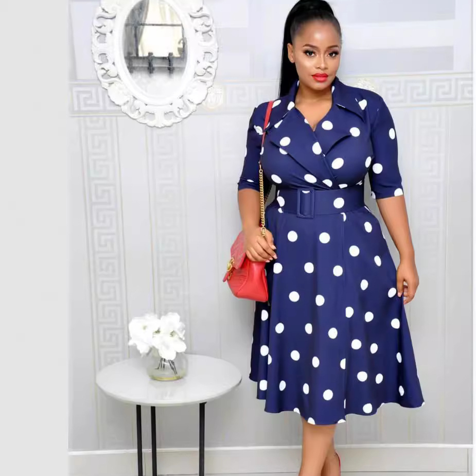 New popular women's dress suit collar polka dot mid-sleeve splicing large size large hem wide belt dress
