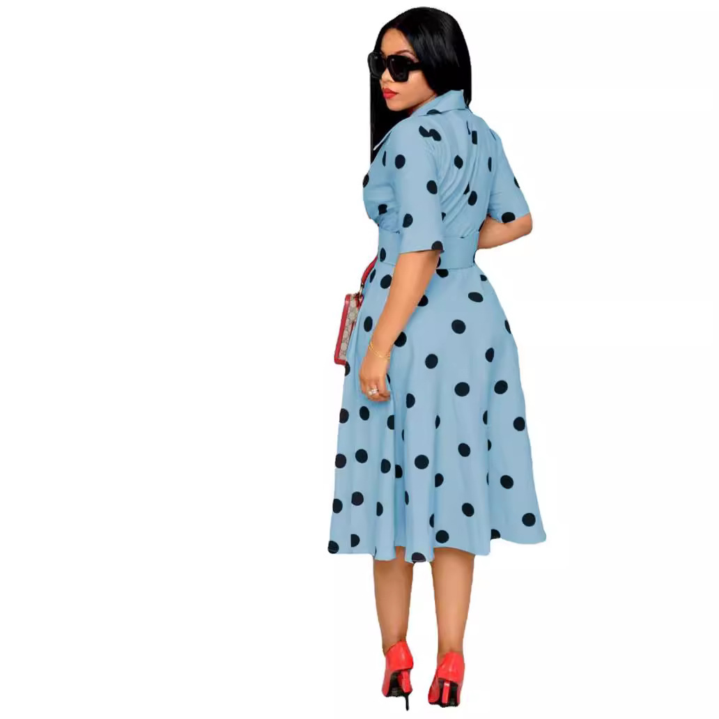 New popular women's dress suit collar polka dot mid-sleeve splicing large size large hem wide belt dress