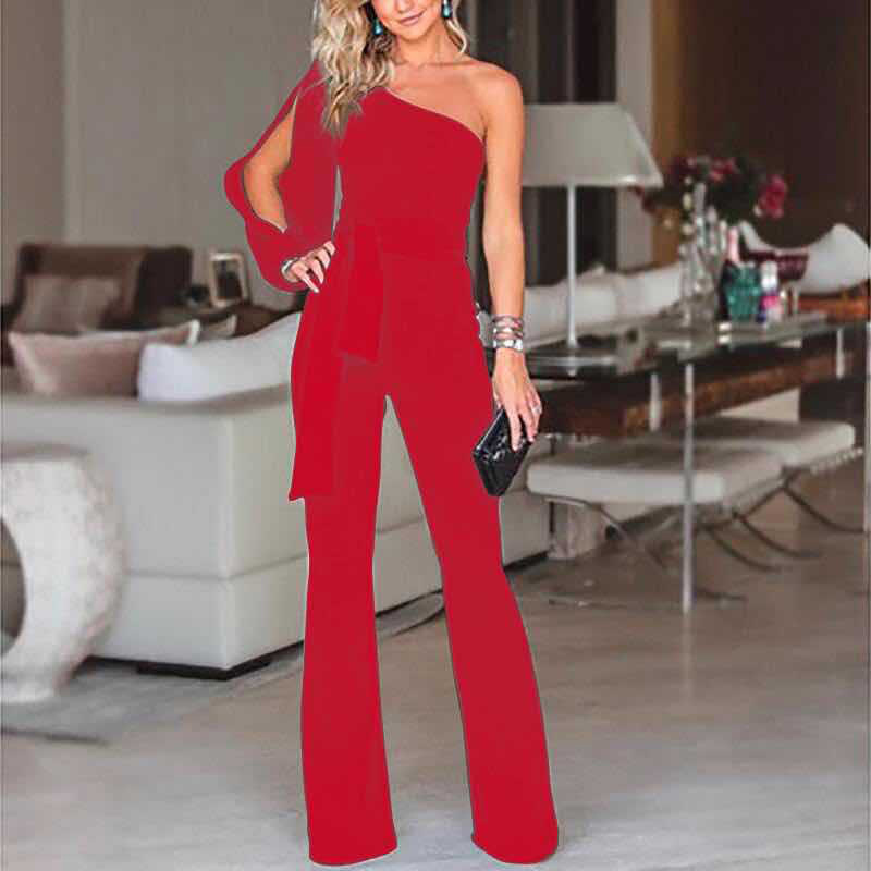 Women's shoulder high waisted lace up solid color slim fit sexy jumpsuit