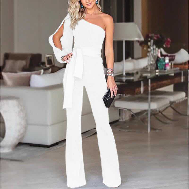 Women's shoulder high waisted lace up solid color slim fit sexy jumpsuit