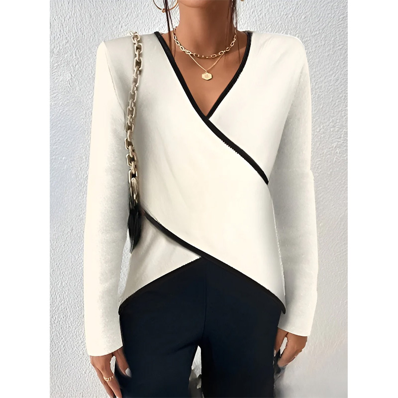 Spring and Autumn Long sleeved V-neck Solid color Cross hem T-shirt