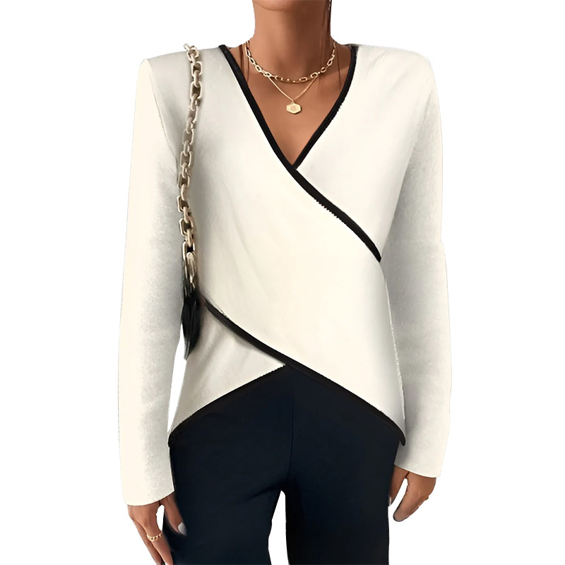 Spring and Autumn Long sleeved V-neck Solid color Cross hem T-shirt