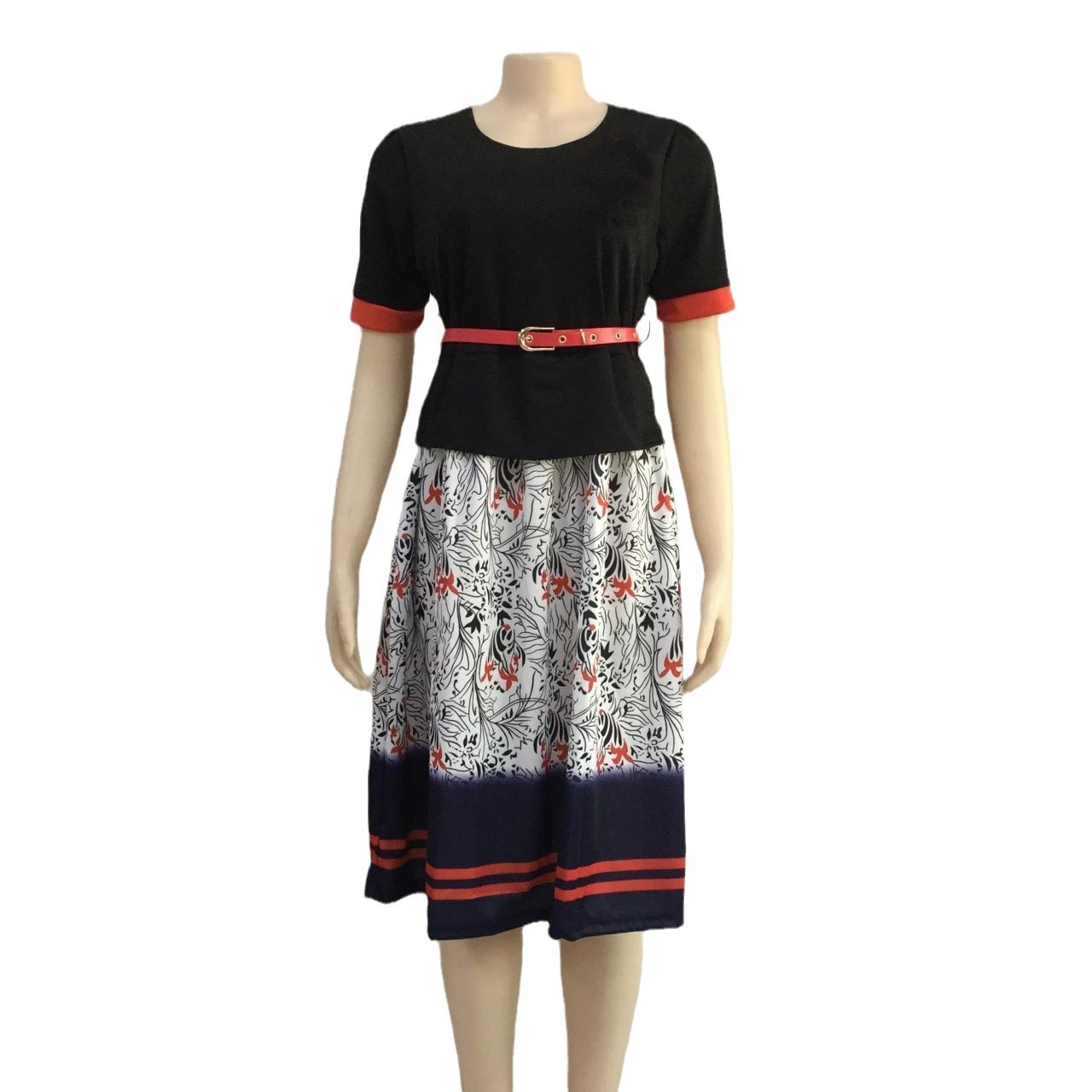 Women's new short-sleeved dress mom's printed round neck full skirt dress