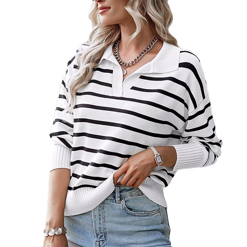 Thin Spring and Autumn Women's Long Sleeve Knitted Shirt Casual Collar Striped Knitted Shirt