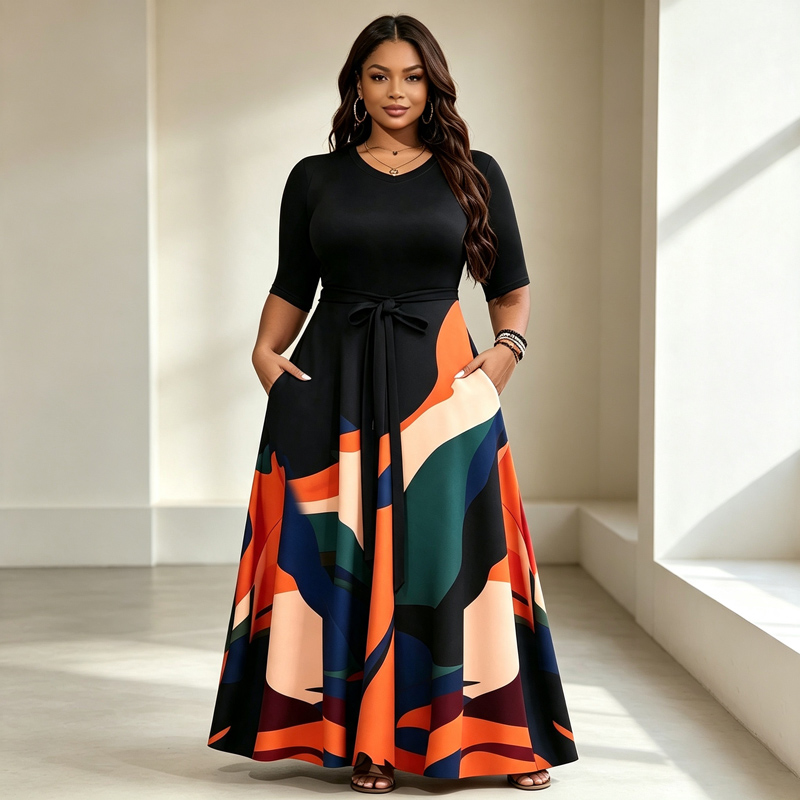 Women's Plus Size Waist Pocket Casual Dress Women's Plus Size Fashion Printed Waist Long Dress
