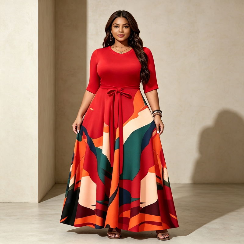 Women's Plus Size Waist Pocket Casual Dress Women's Plus Size Fashion Printed Waist Long Dress