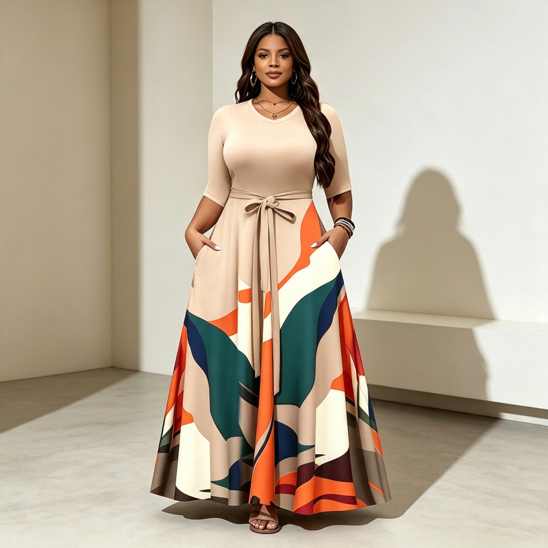 Women's Plus Size Waist Pocket Casual Dress Women's Plus Size Fashion Printed Waist Long Dress