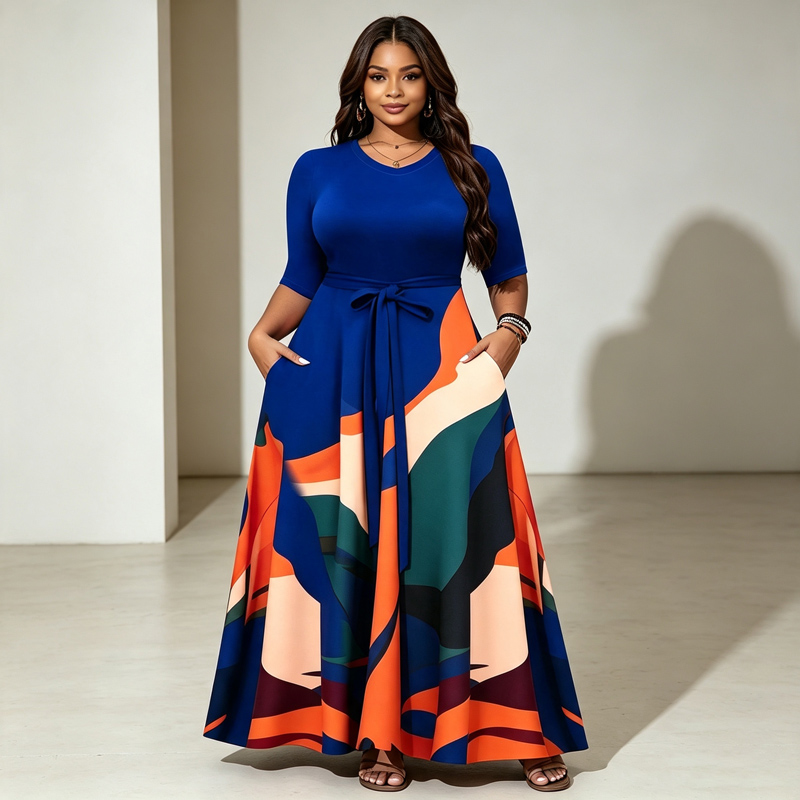 Women's Plus Size Waist Pocket Casual Dress Women's Plus Size Fashion Printed Waist Long Dress